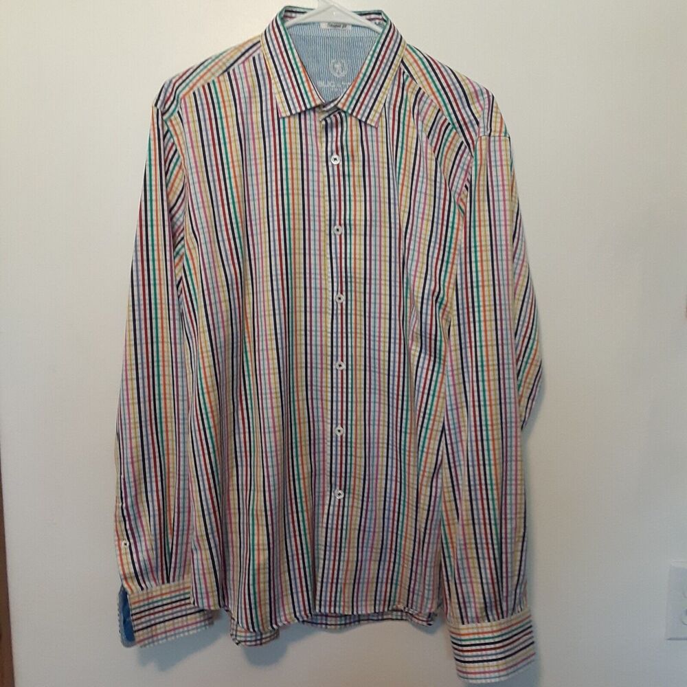 Bugatchi Uomo Button Front Shirt Men's Large Shaped Fit Stripes 100% Cotton